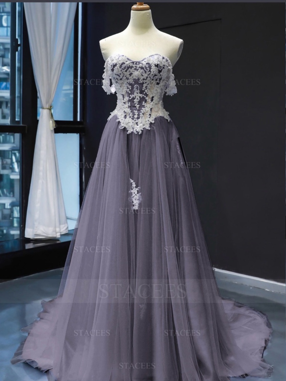 Off-Shoulder Prom Gown with White Lace Bodice